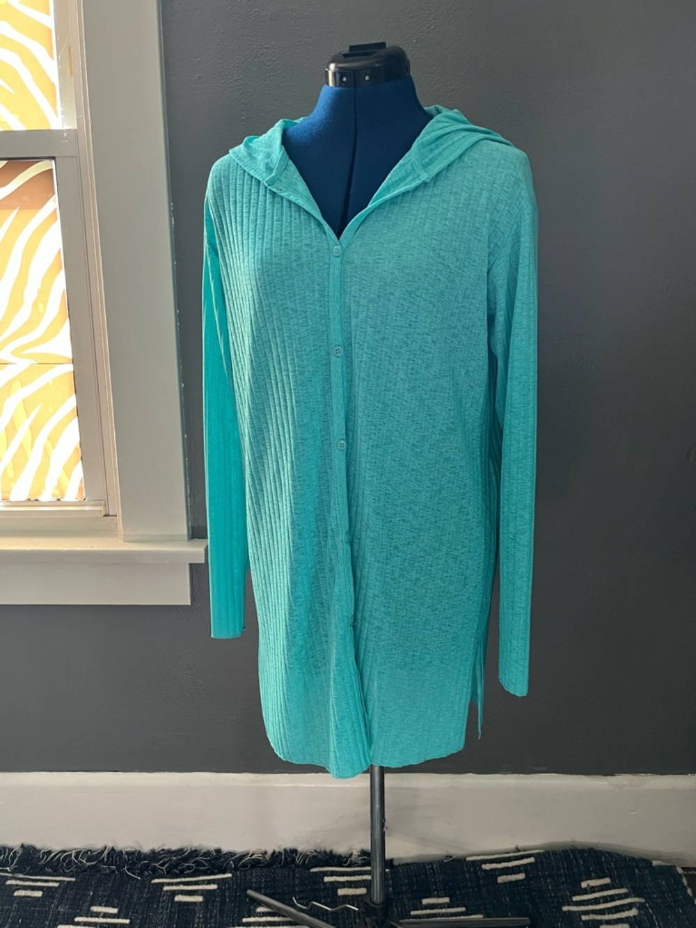Tropical Escape Hooded Long-Sleeve Swim Cover-Up in Turquoise